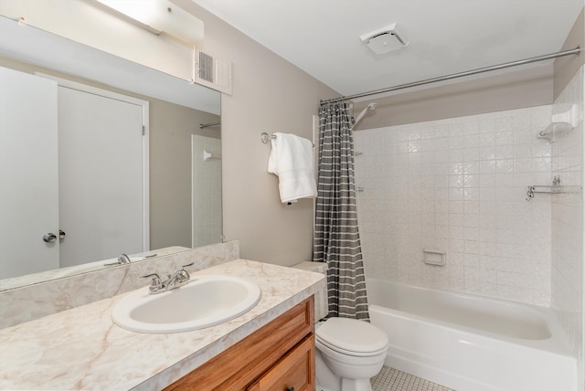 bathroom featuring visible vents, toilet, vanity, and shower / bathtub combination with curtain