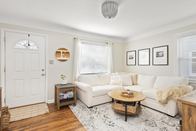 living room featuring a wealth of natural light, baseboards, and wood finished floors