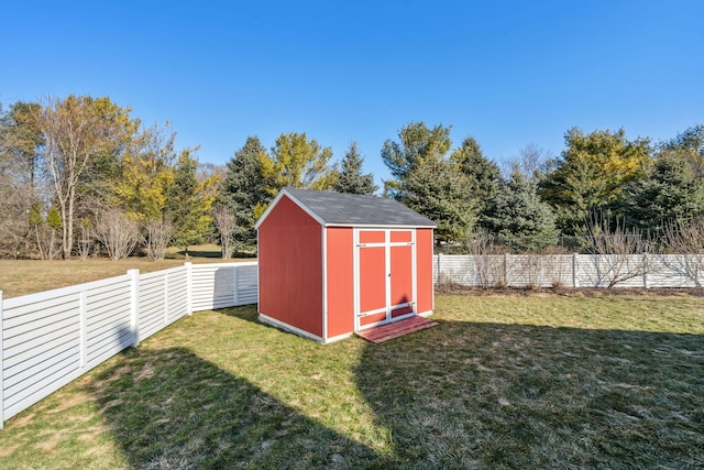 view of shed with a fenced backyard