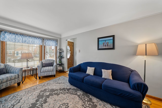 living room with baseboards and wood finished floors