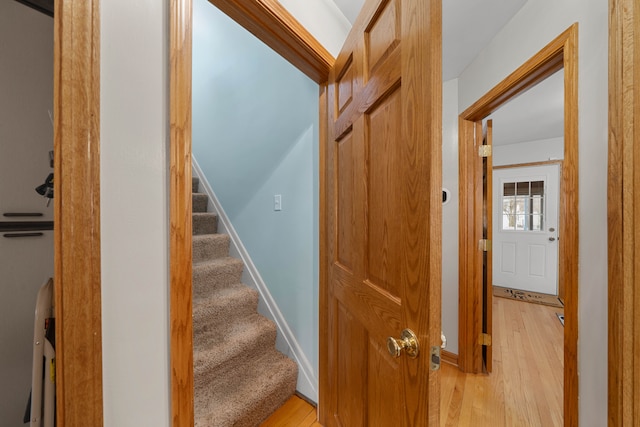 staircase with wood finished floors and baseboards