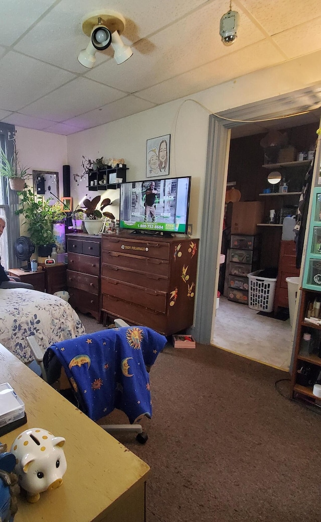 bedroom featuring carpet flooring and a paneled ceiling