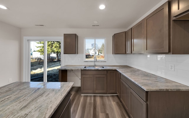 kitchen with wood finished floors, visible vents, a sink, decorative backsplash, and a wealth of natural light