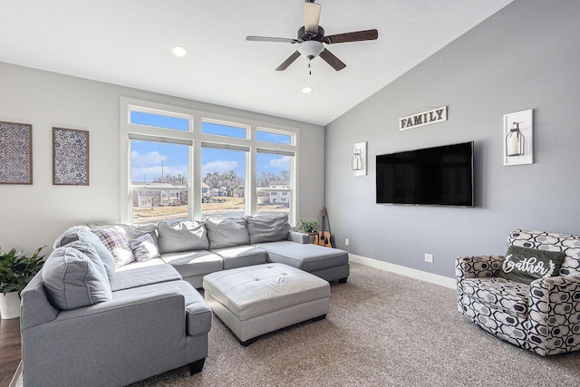 carpeted living area featuring recessed lighting, baseboards, a ceiling fan, and vaulted ceiling