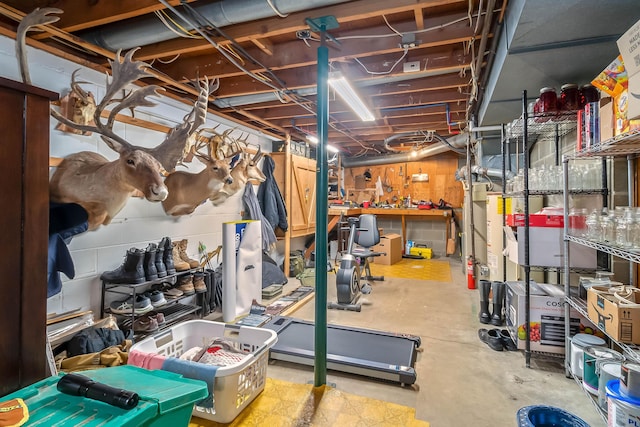 unfinished basement featuring a workshop area