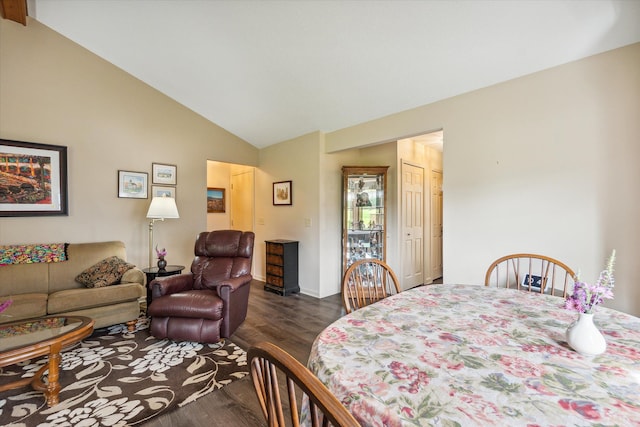 bedroom with a closet, dark wood-style flooring, and vaulted ceiling