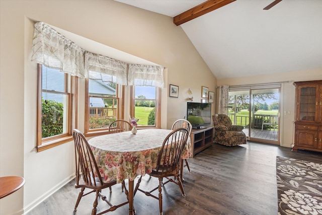 dining room with a wealth of natural light, beamed ceiling, baseboards, and wood finished floors