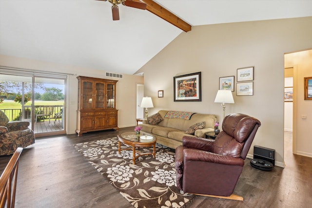 living area featuring beam ceiling, visible vents, baseboards, and dark wood-style flooring