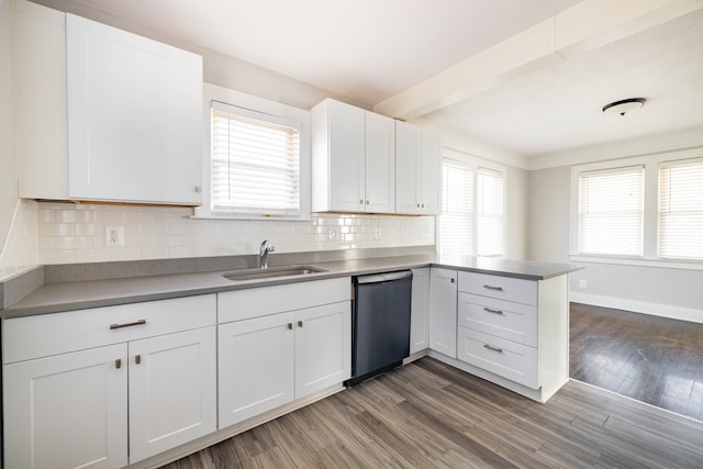 kitchen featuring dishwashing machine, wood finished floors, a peninsula, a sink, and white cabinetry