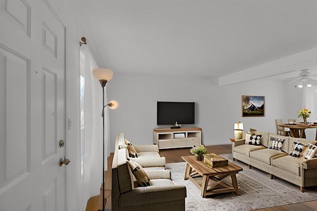 living area with ceiling fan and wood finished floors