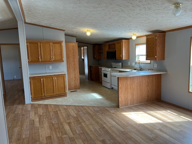 kitchen featuring brown cabinetry, light countertops, white range with gas stovetop, and light wood-style floors