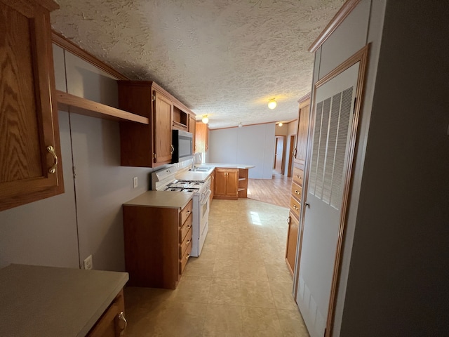 kitchen featuring stainless steel microwave, gas range gas stove, light countertops, and open shelves