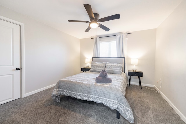 bedroom with ceiling fan, baseboards, and carpet