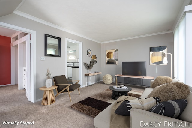 living area with baseboards, carpet floors, and crown molding