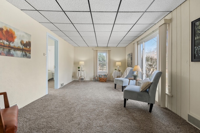 sitting room with carpet, visible vents, and a drop ceiling