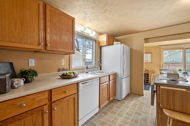 kitchen featuring a wealth of natural light, white appliances, light countertops, and a sink