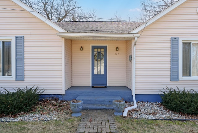 view of exterior entry featuring roof with shingles