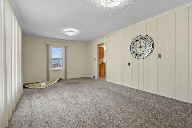 empty room with carpet floors and a textured ceiling