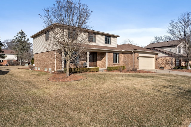 traditional-style home with a front yard, a garage, covered porch, and brick siding