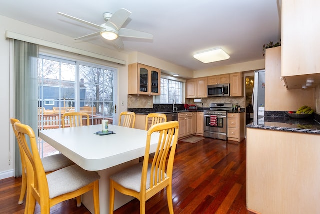 dining area featuring dark wood-type flooring and ceiling fan