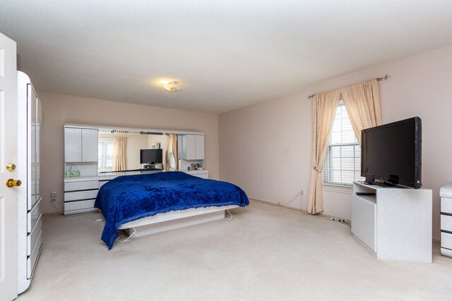 bedroom featuring light carpet