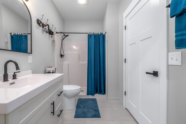 full bath with tile patterned flooring, toilet, vanity, and a shower with shower curtain