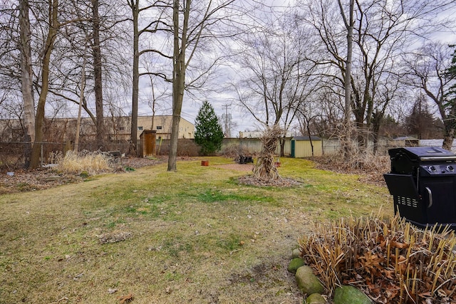 view of yard with an outbuilding and fence