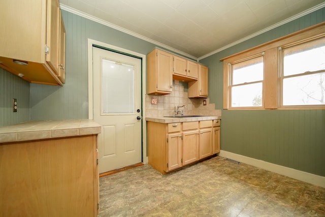 kitchen with visible vents, backsplash, baseboards, ornamental molding, and a sink