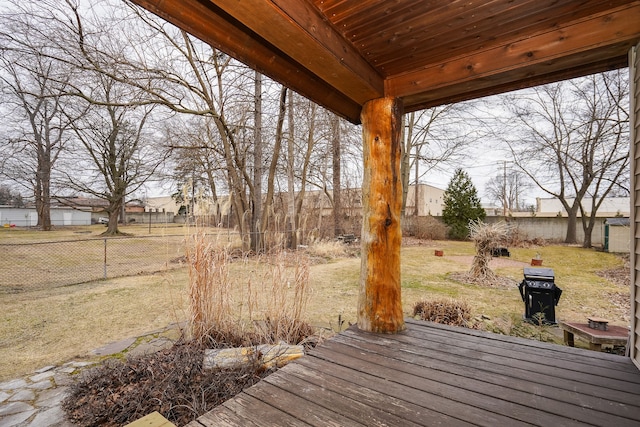 deck featuring a yard and a fenced backyard