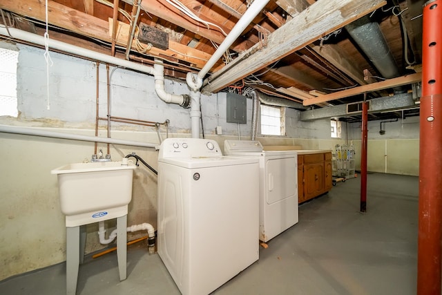 washroom featuring electric panel and washing machine and clothes dryer