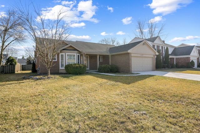 single story home with brick siding, fence, a front yard, driveway, and an attached garage