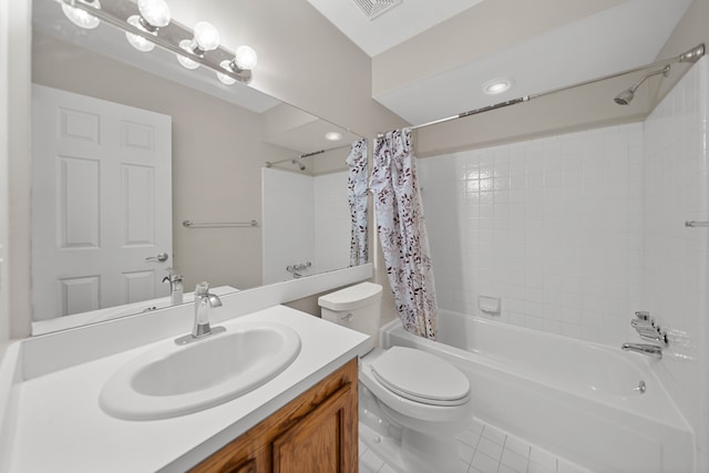 full bath with tile patterned floors, visible vents, shower / tub combo with curtain, toilet, and vanity