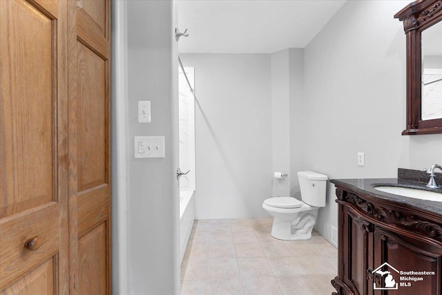 full bath featuring tile patterned flooring, shower / tub combination, toilet, and vanity