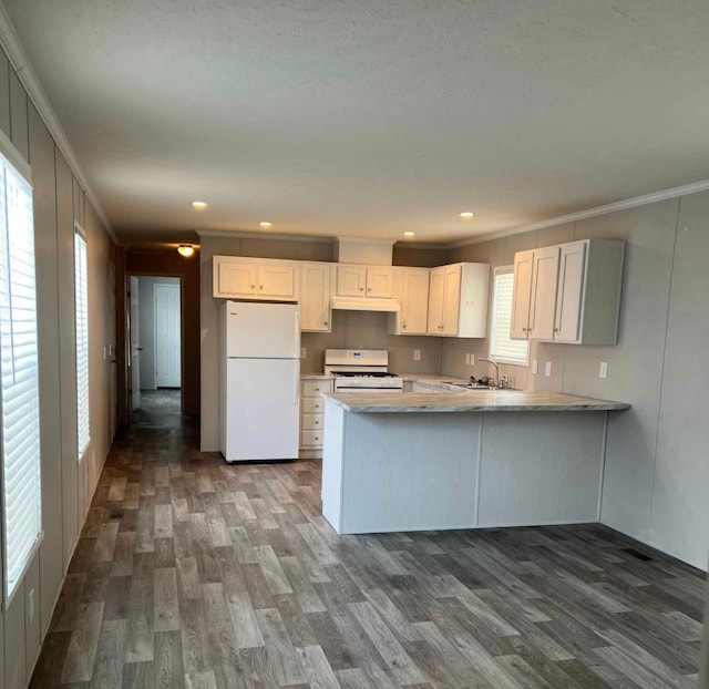 kitchen featuring white appliances, crown molding, a peninsula, and a sink