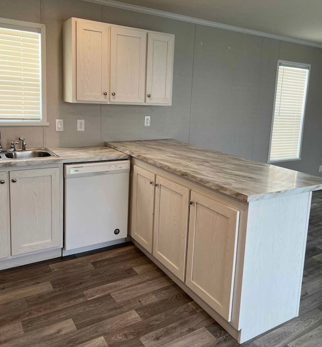 kitchen with dark wood-style floors, a peninsula, white dishwasher, ornamental molding, and a sink