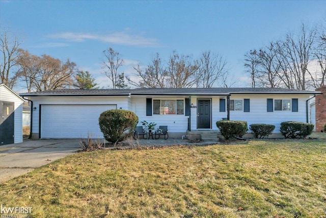 single story home featuring driveway, a front lawn, and a garage