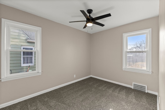 19124 Harman St, Melvindale, MI 48122 - unfurnished room featuring dark colored carpet, visible vents, baseboards, and a ceiling fan