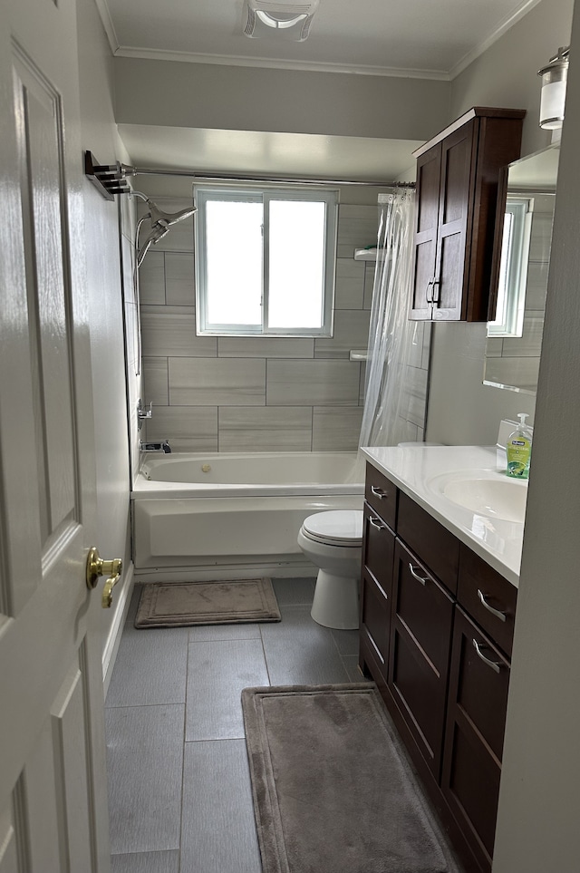 bathroom featuring vanity, ornamental molding, tile patterned flooring, toilet, and shower / tub combo with curtain