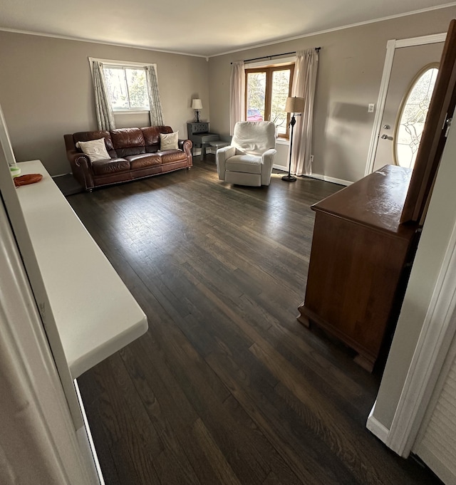 unfurnished living room featuring dark wood-style floors, baseboards, a wealth of natural light, and ornamental molding