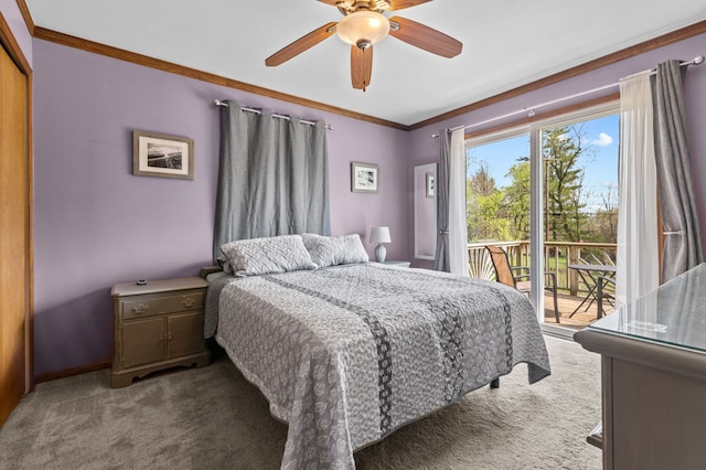 carpeted bedroom with baseboards, access to outside, ornamental molding, and ceiling fan