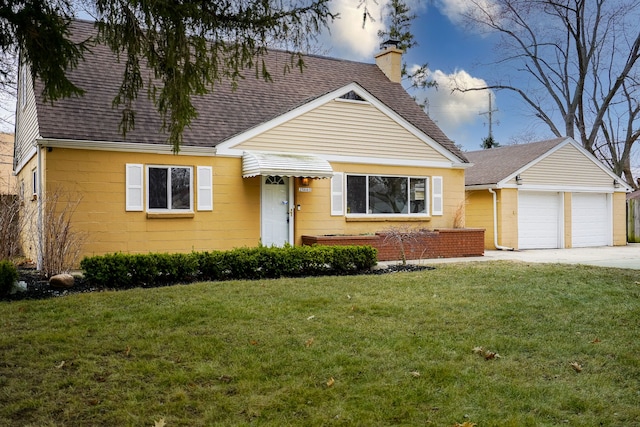 view of front of house featuring an attached garage, a chimney, roof with shingles, and a front yard