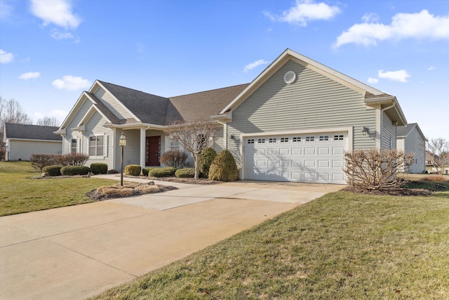 ranch-style home with a front yard, an attached garage, and driveway