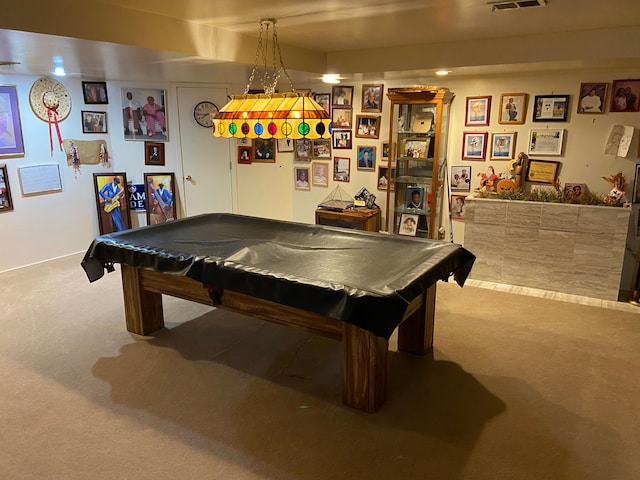 game room with pool table, carpet flooring, and visible vents