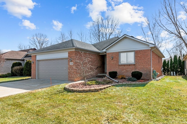 ranch-style house featuring driveway, a front lawn, brick siding, and a garage
