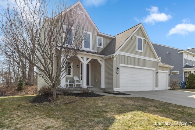 view of front of property with an attached garage, a porch, concrete driveway, and a front yard