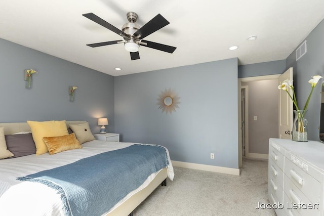 bedroom with a ceiling fan, visible vents, baseboards, recessed lighting, and light colored carpet