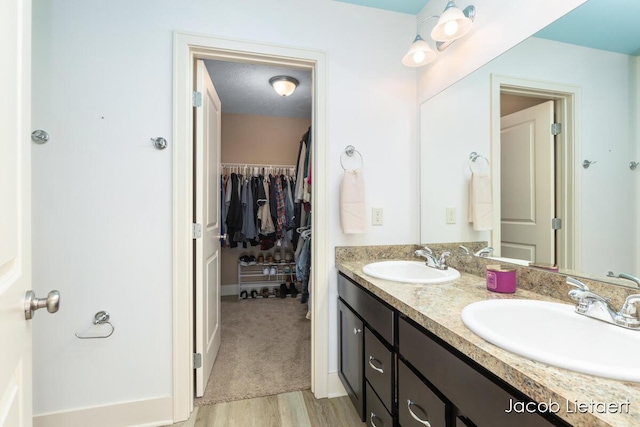 bathroom featuring double vanity, wood finished floors, a walk in closet, and a sink