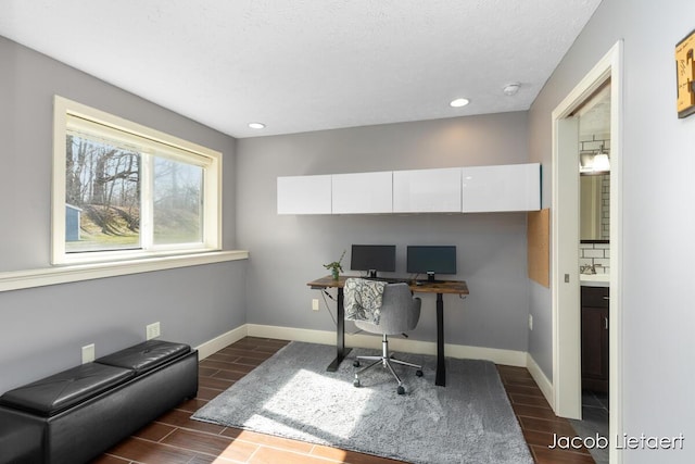 office area featuring recessed lighting, baseboards, and wood finish floors