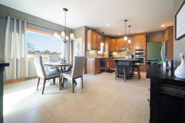 dining space featuring light tile patterned flooring, visible vents, recessed lighting, and an inviting chandelier