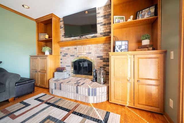 living area with baseboards, light wood-style floors, and a fireplace